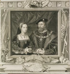 Portret van Mary (1496-1533) Koningin van Frankrijk, en Charles Brandon (gest. 1545) Hertog van Suffolk, gegraveerd door George Vertue (1684-1756) 1748